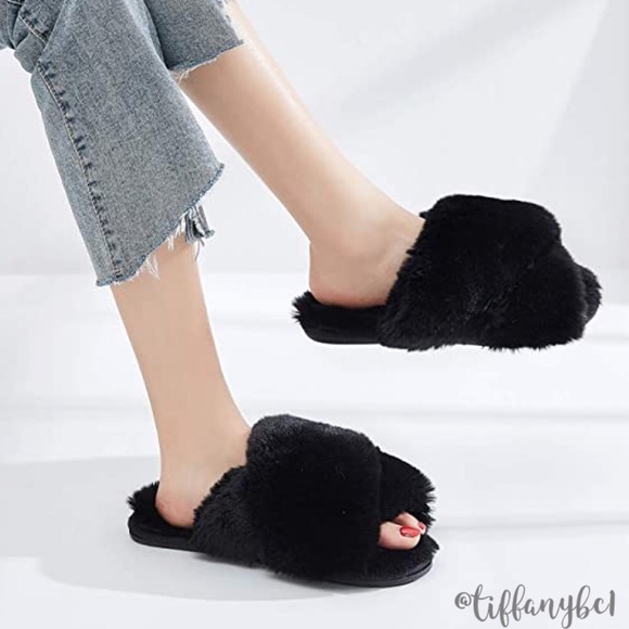 Fluffy Faux Bunny Fur Cross Band Slippers Black - Picture 6 of 8